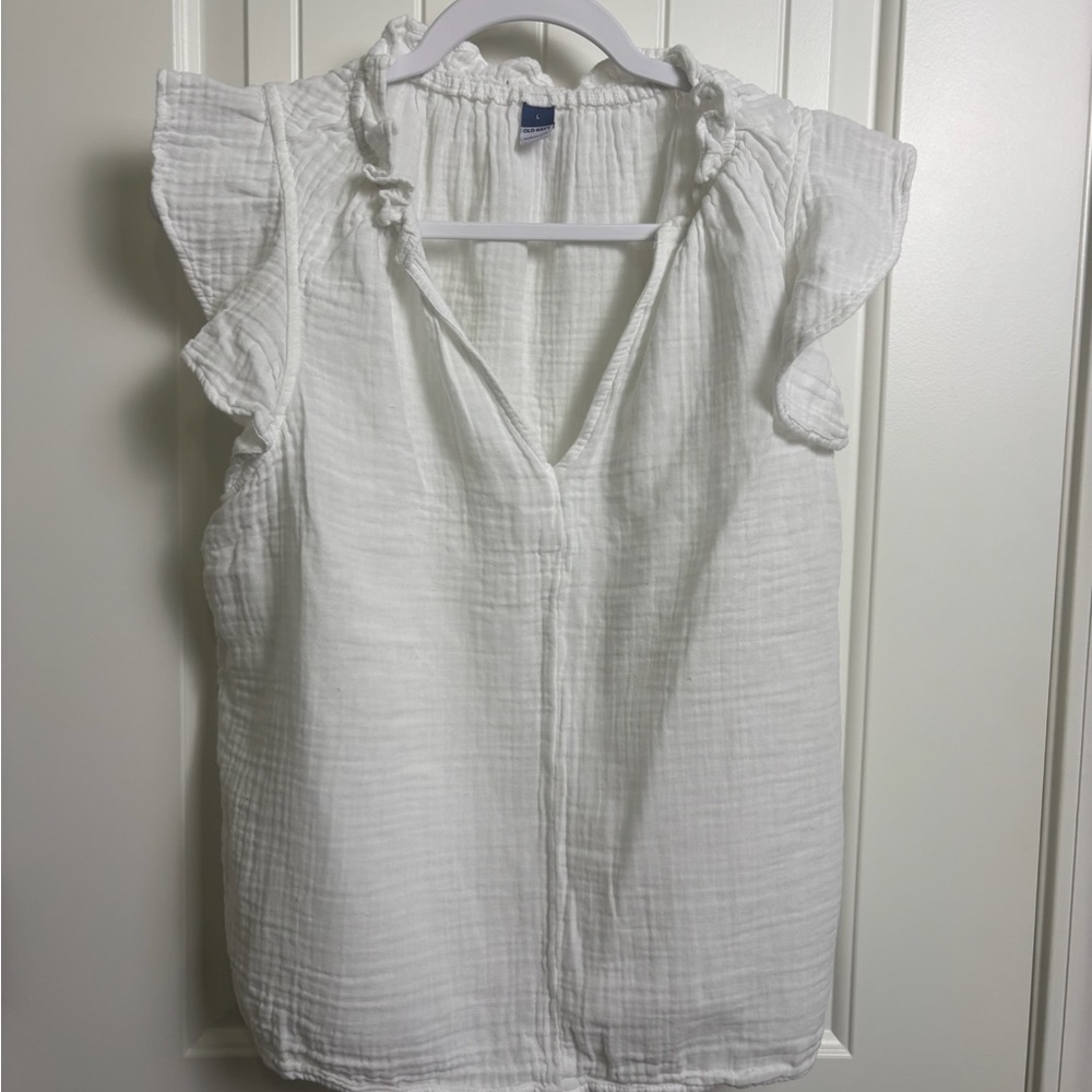 Old Navy White Ruffled Sleeve V-Neck Gauze Top